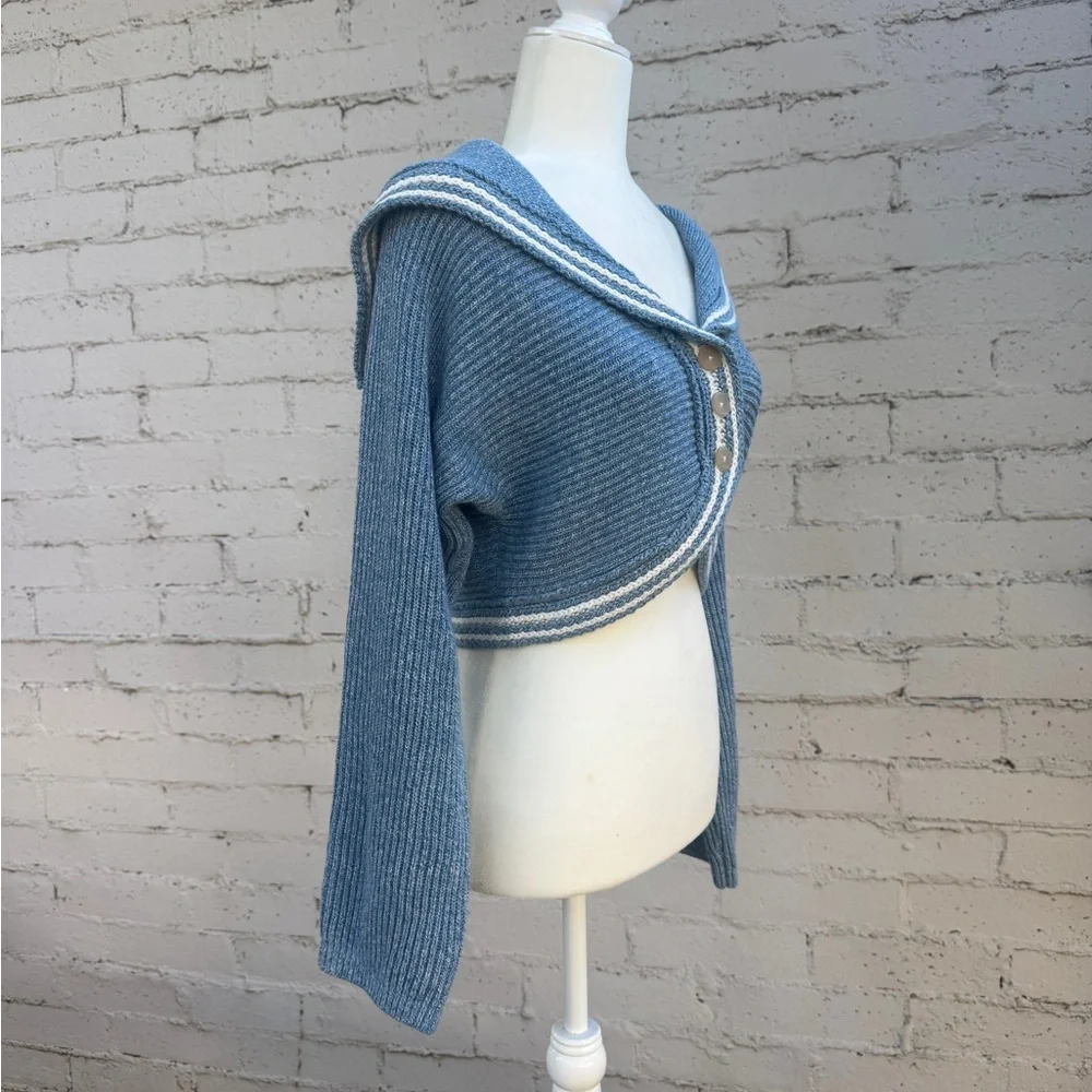 Maeve by Anthropologie Curved-Hem Sailor Collar Cardigan Blue Size M - Picture 5 of 13